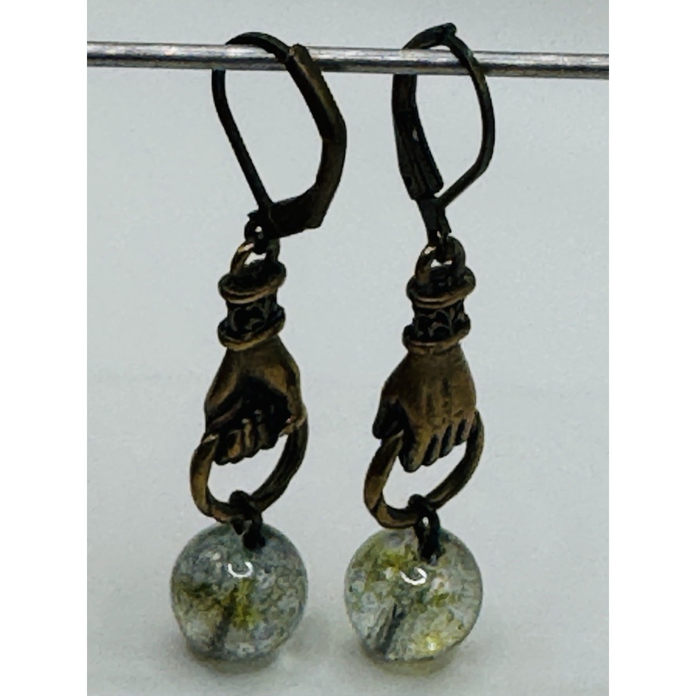 Vintage Hand Charm Dangle Earrings Art Glass Bead Antique Gold Tone
